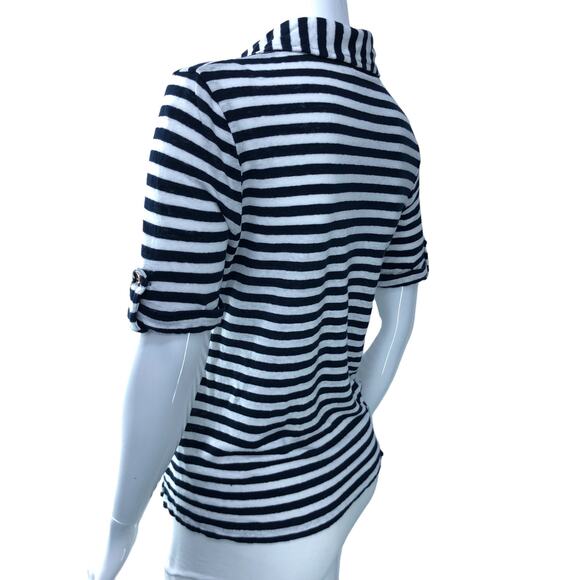 Chicos Womens Size 0 US 4 Small Polo Shirt Blue White Stripe Nautical 100% Linen - Picture 6 of 16